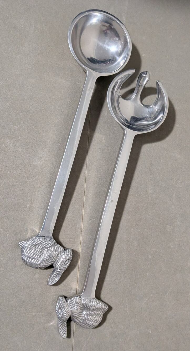 Vintage IHI India Cast Aluminum Bunny Salad Servers Set Rabbit Spoon & Fork 13"